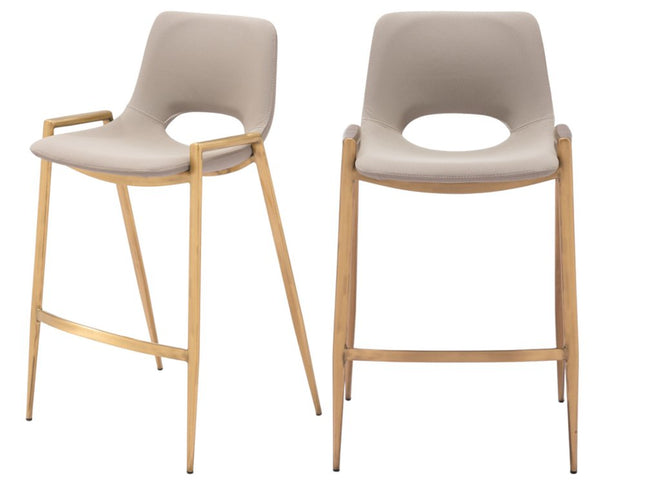 Set of Two 26" Beige And Gold Faux Leather And Steel Low Back Counter Height Bar Chairs
