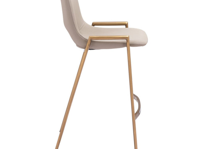 Set of Two 26" Beige And Gold Faux Leather And Steel Low Back Counter Height Bar Chairs