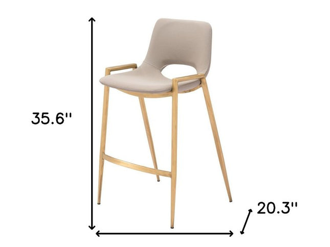 Set of Two 26" Beige And Gold Faux Leather And Steel Low Back Counter Height Bar Chairs