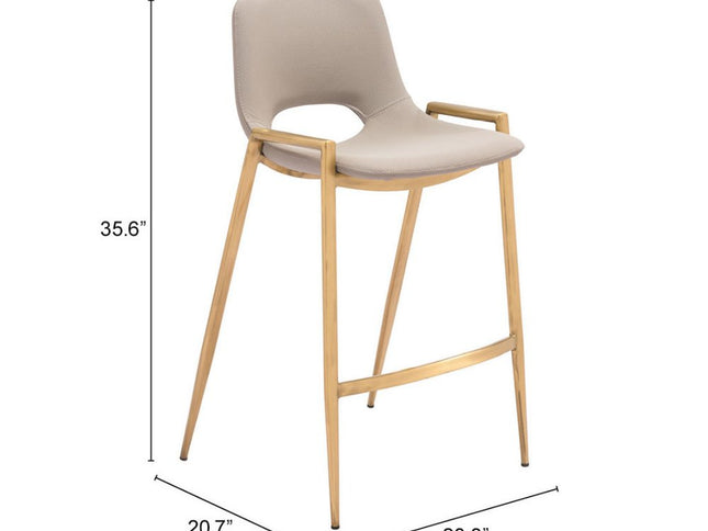 Set of Two 26" Beige And Gold Faux Leather And Steel Low Back Counter Height Bar Chairs