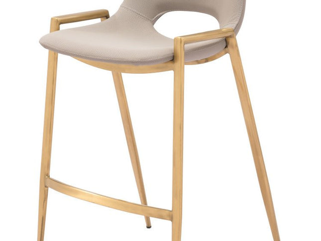 Set of Two 26" Beige And Gold Faux Leather And Steel Low Back Counter Height Bar Chairs