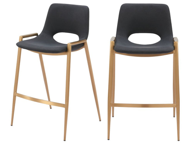 Set of Two 26" Black And Gold Faux Leather And Steel Low Back Counter Height Bar Chairs