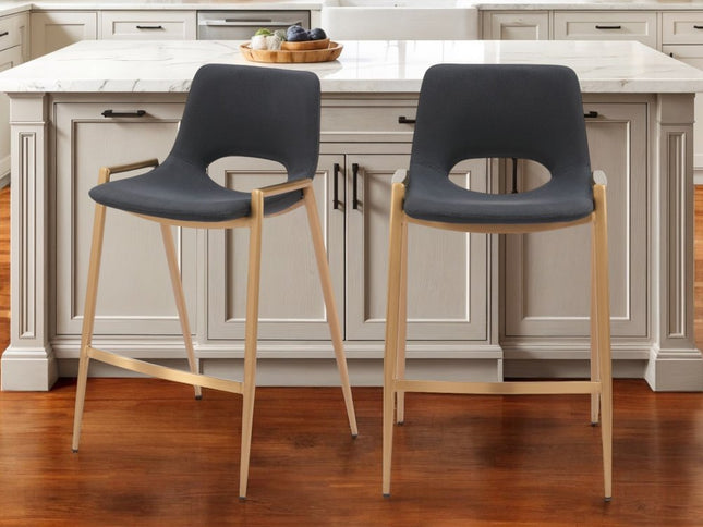 Set of Two 26" Black And Gold Faux Leather And Steel Low Back Counter Height Bar Chairs