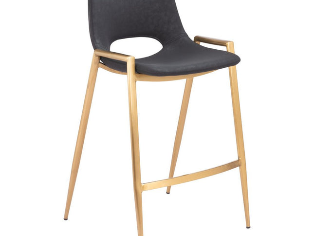Set of Two 26" Black And Gold Faux Leather And Steel Low Back Counter Height Bar Chairs