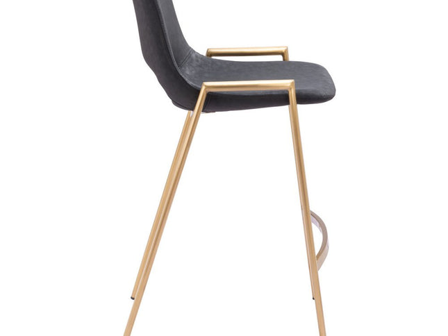 Set of Two 26" Black And Gold Faux Leather And Steel Low Back Counter Height Bar Chairs