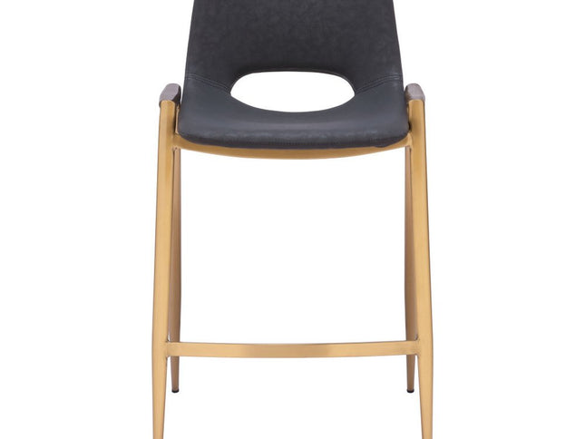 Set of Two 26" Black And Gold Faux Leather And Steel Low Back Counter Height Bar Chairs