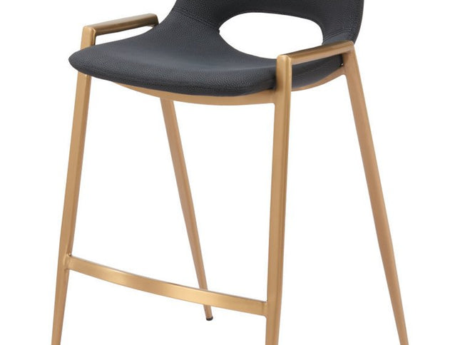 Set of Two 26" Black And Gold Faux Leather And Steel Low Back Counter Height Bar Chairs