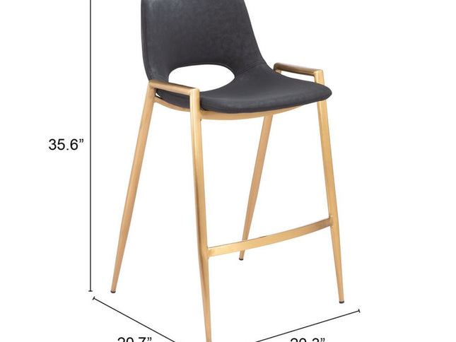 Set of Two 26" Black And Gold Faux Leather And Steel Low Back Counter Height Bar Chairs