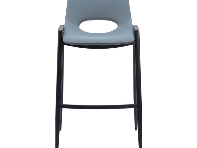 Set of Two 30" Blue And Black Faux Leather And Steel Low Back Bar Height Bar Chairs