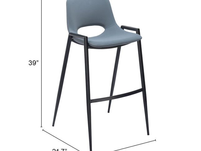 Set of Two 30" Blue And Black Faux Leather And Steel Low Back Bar Height Bar Chairs