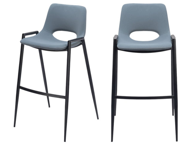 Set of Two 30" Blue And Black Faux Leather And Steel Low Back Bar Height Bar Chairs