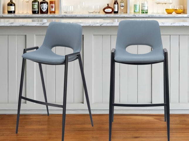 Set of Two 30" Blue And Black Faux Leather And Steel Low Back Bar Height Bar Chairs