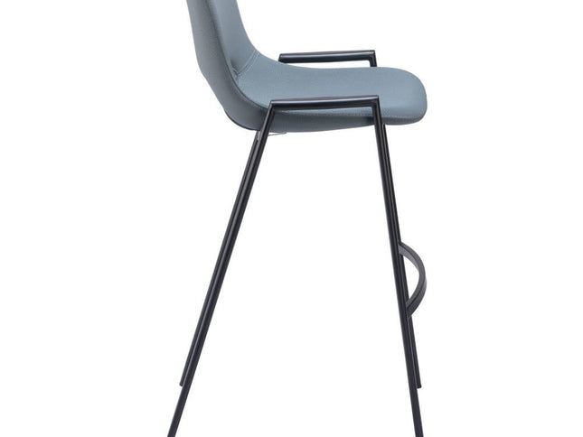 Set of Two 30" Blue And Black Faux Leather And Steel Low Back Bar Height Bar Chairs