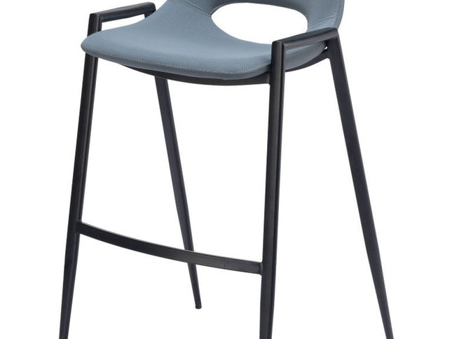 Set of Two 30" Blue And Black Faux Leather And Steel Low Back Bar Height Bar Chairs