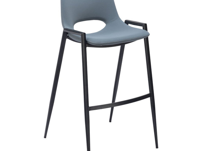 Set of Two 30" Blue And Black Faux Leather And Steel Low Back Bar Height Bar Chairs