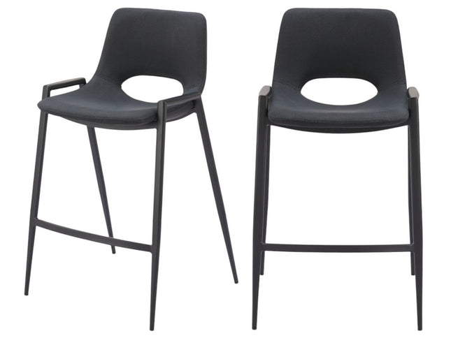 Set of Two 26" Black Faux Leather And Steel Low Back Counter Height Bar Chairs