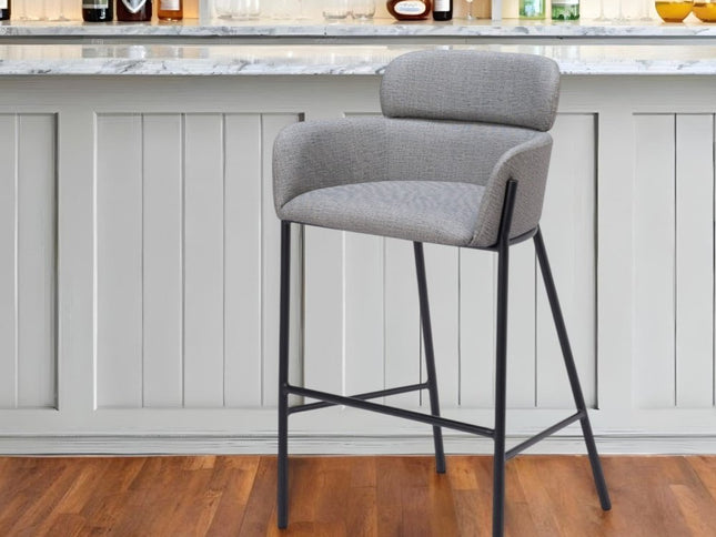 30" Slate Gray And Black Fabric And Steel Bar Height Bar Chair