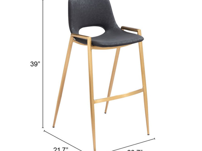 Set of Two 30" Black and Gold Faux Leather and Steel Low Back Bar Height Bar Chairs