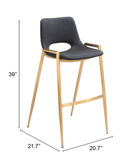 Set of Two 30" Black and Gold Faux Leather and Steel Low Back Bar Height Bar Chairs