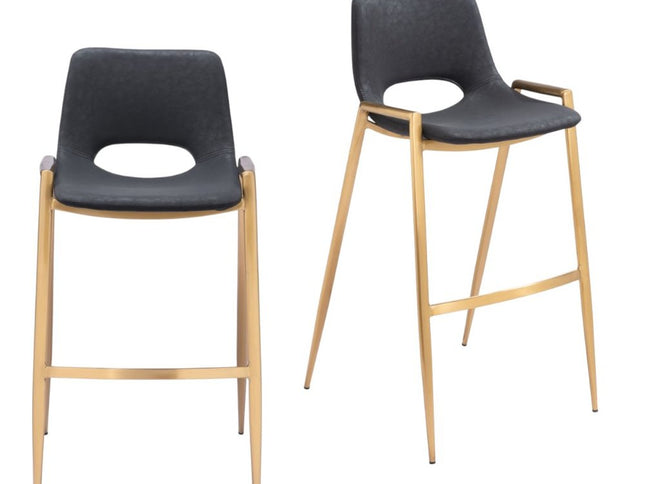 Set of Two 30" Black and Gold Faux Leather and Steel Low Back Bar Height Bar Chairs