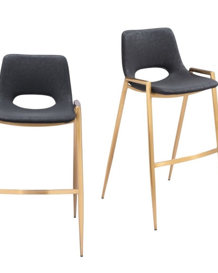Set of Two 30" Black and Gold Faux Leather and Steel Low Back Bar Height Bar Chairs