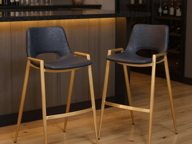 Set of Two 30" Black and Gold Faux Leather and Steel Low Back Bar Height Bar Chairs