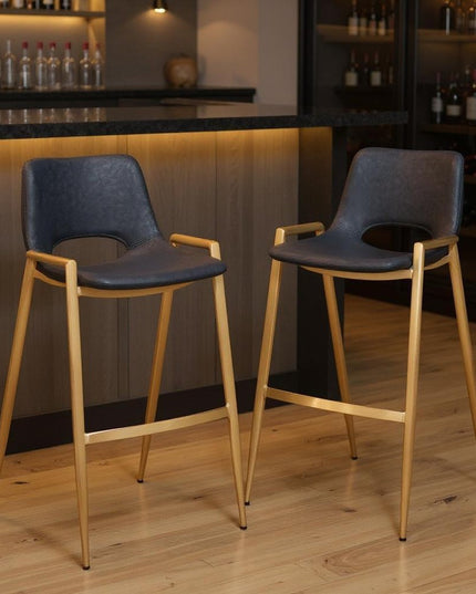 Set of Two 30" Black and Gold Faux Leather and Steel Low Back Bar Height Bar Chairs