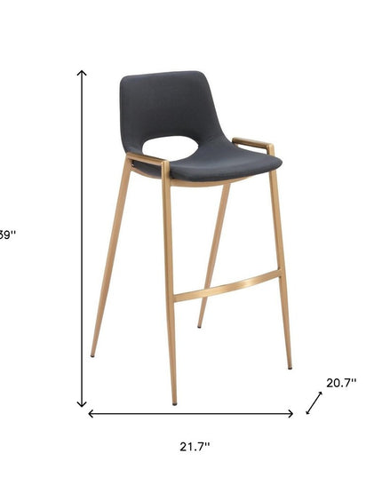 Set of Two 30" Black and Gold Faux Leather and Steel Low Back Bar Height Bar Chairs