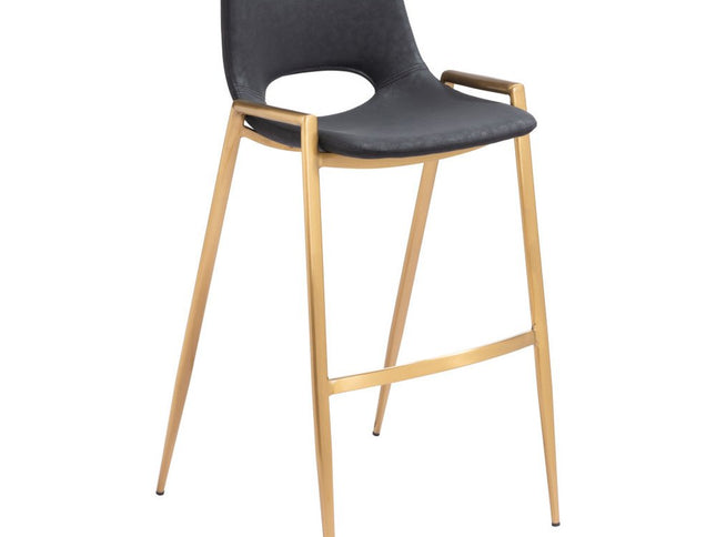 Set of Two 30" Black and Gold Faux Leather and Steel Low Back Bar Height Bar Chairs