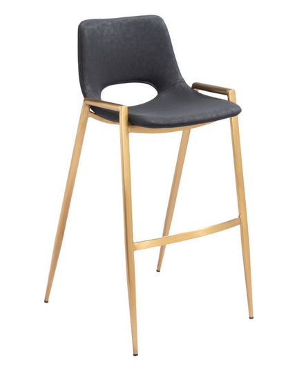 Set of Two 30" Black and Gold Faux Leather and Steel Low Back Bar Height Bar Chairs