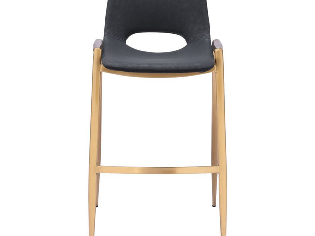 Set of Two 30" Black and Gold Faux Leather and Steel Low Back Bar Height Bar Chairs