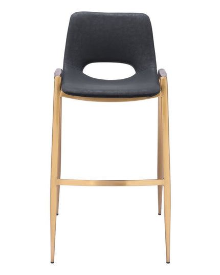 Set of Two 30" Black and Gold Faux Leather and Steel Low Back Bar Height Bar Chairs