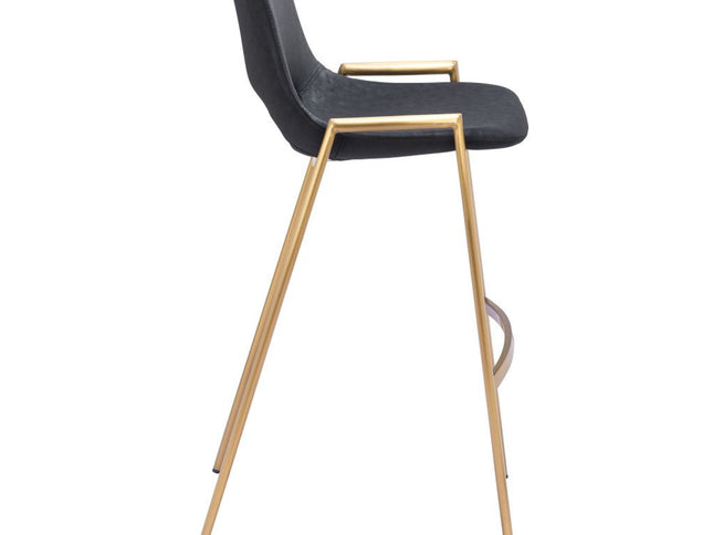 Set of Two 30" Black and Gold Faux Leather and Steel Low Back Bar Height Bar Chairs