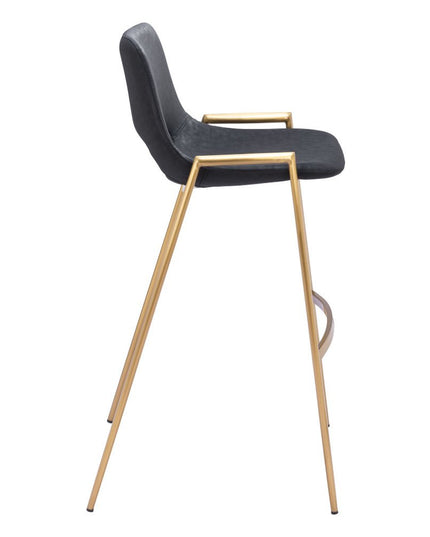 Set of Two 30" Black and Gold Faux Leather and Steel Low Back Bar Height Bar Chairs