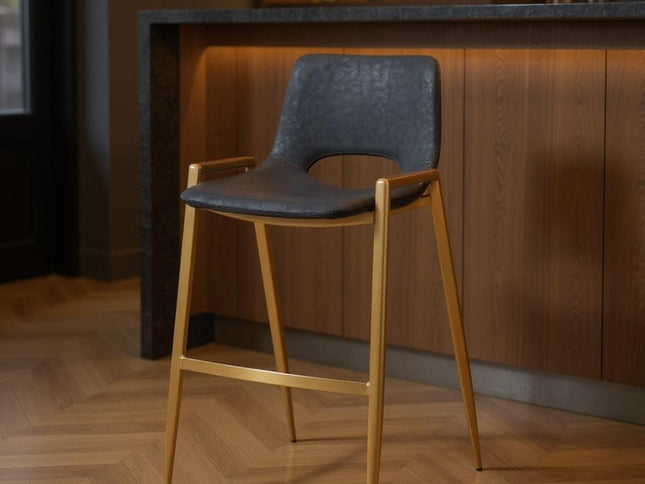 Set of Two 30" Black and Gold Faux Leather and Steel Low Back Bar Height Bar Chairs