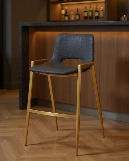 Set of Two 30" Black and Gold Faux Leather and Steel Low Back Bar Height Bar Chairs