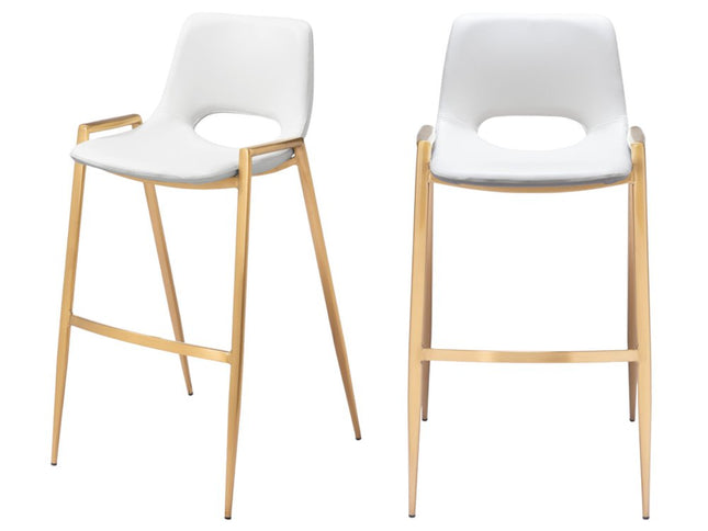 Set of Two 30" White And Gold Faux Leather And Steel Low Back Bar Height Bar Chairs