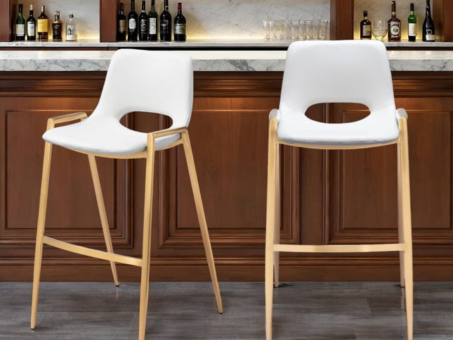 Set of Two 30" White And Gold Faux Leather And Steel Low Back Bar Height Bar Chairs