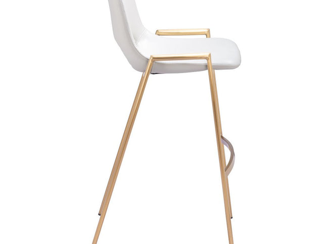 Set of Two 30" White And Gold Faux Leather And Steel Low Back Bar Height Bar Chairs