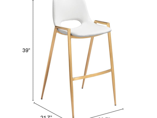 Set of Two 30" White And Gold Faux Leather And Steel Low Back Bar Height Bar Chairs