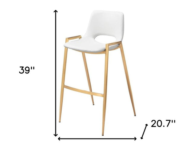 Set of Two 30" White And Gold Faux Leather And Steel Low Back Bar Height Bar Chairs
