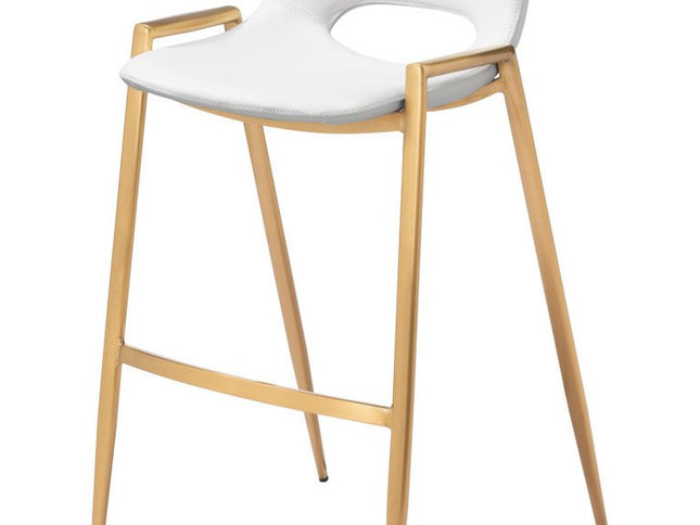 Set of Two 30" White And Gold Faux Leather And Steel Low Back Bar Height Bar Chairs