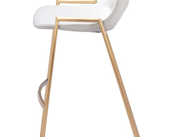 Set of Two 30" White And Gold Faux Leather And Steel Low Back Bar Height Bar Chairs