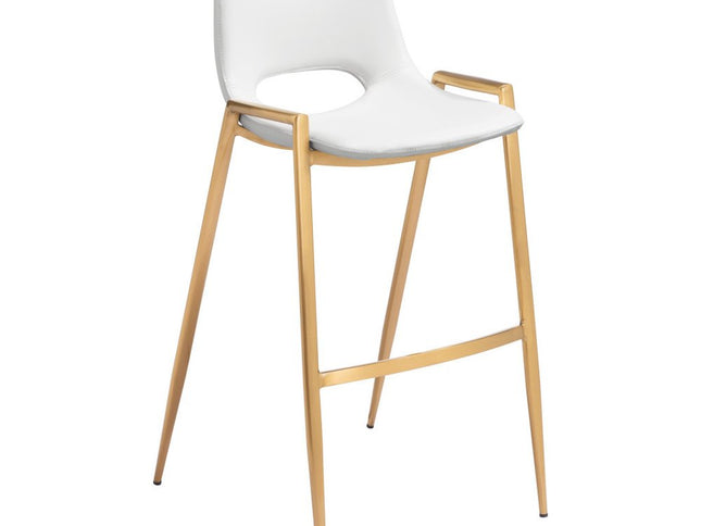 Set of Two 30" White And Gold Faux Leather And Steel Low Back Bar Height Bar Chairs