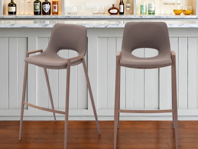 Set of Two 30" Brown Faux Leather And Steel Low Back Bar Height Bar Chairs
