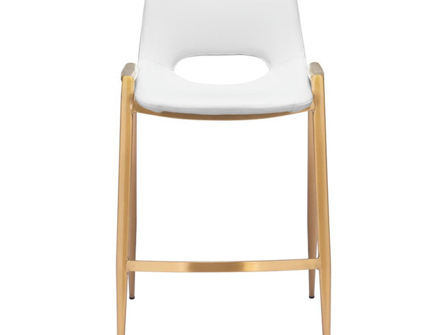 Set of Two 26" White And Gold Faux Leather And Steel Low Back Counter Height Bar Chairs