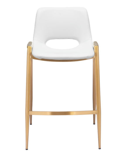 Set of Two 26" White And Gold Faux Leather And Steel Low Back Counter Height Bar Chairs
