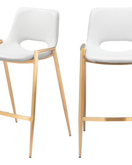 Set of Two 26" White And Gold Faux Leather And Steel Low Back Counter Height Bar Chairs
