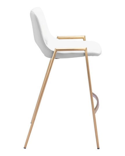Set of Two 26" White And Gold Faux Leather And Steel Low Back Counter Height Bar Chairs