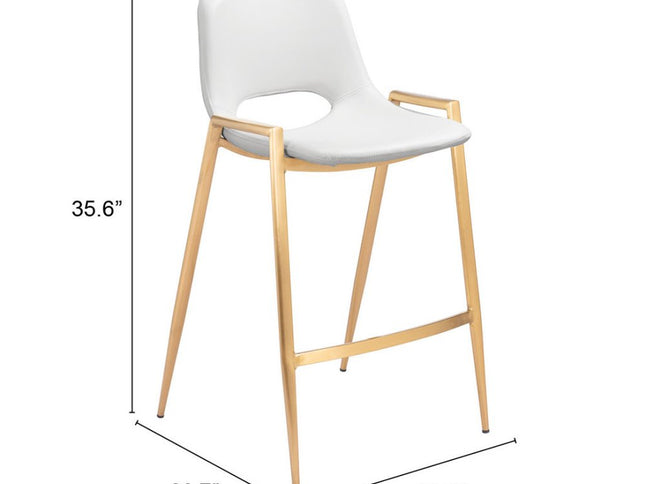 Set of Two 26" White And Gold Faux Leather And Steel Low Back Counter Height Bar Chairs